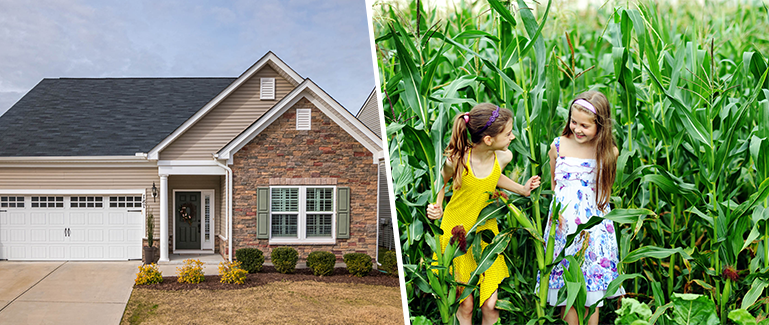 Ranch style house and little girls playing in corn field.